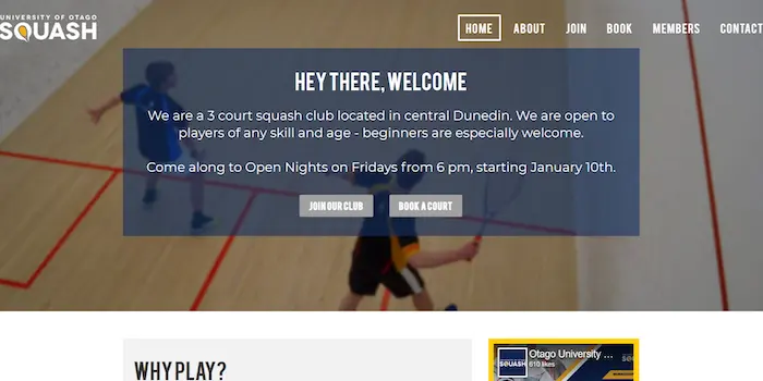 Screenshot of the Otago University Squash Club website